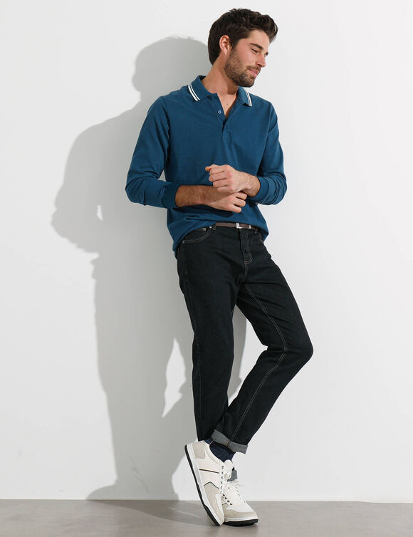 Polo uni maille piquée manches longues (bleu canard)