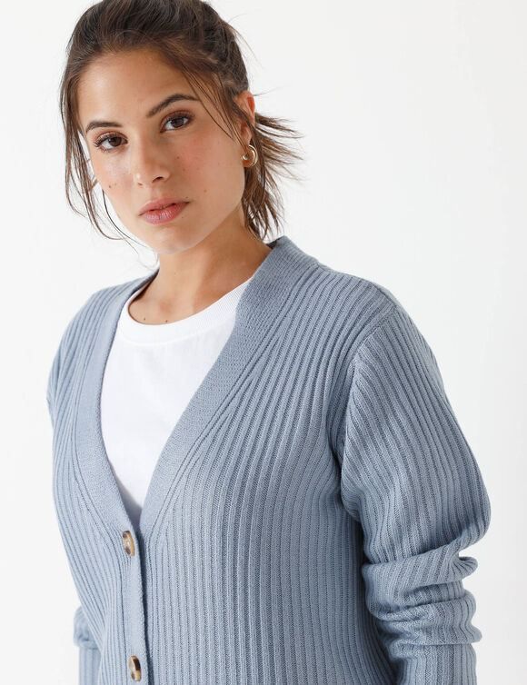 Gilet col V, maille côtelée (bleu grisé)