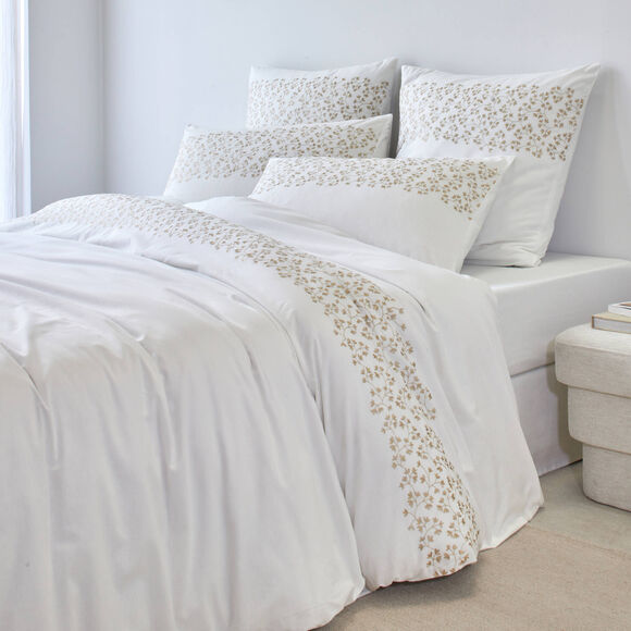 Linge de lit blanc brod&eacute; feuillage - coton 57 fils/cm&sup2; (blanc)