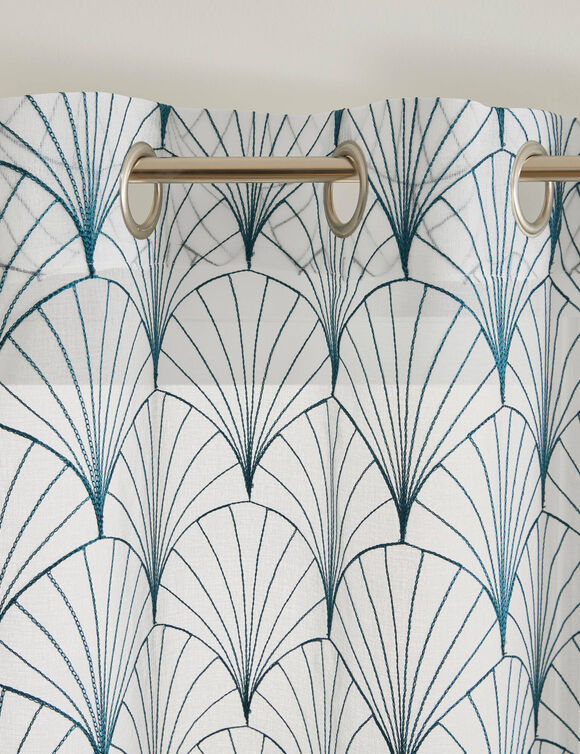 Voilage brod&eacute; motif art d&eacute;co - finition oeillets (bleu paon)