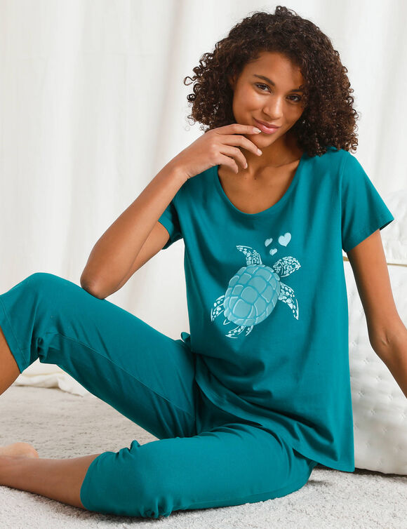 Pyjacourt coton manches courtes imprim&eacute; plac&eacute; &laquo;&nbsp;tortue de mer&nbsp;&raquo; (vert)
