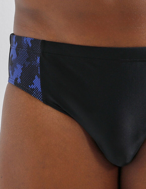 Slip de bain motif graphique c&ocirc;t&eacute;s (noir / bleu)