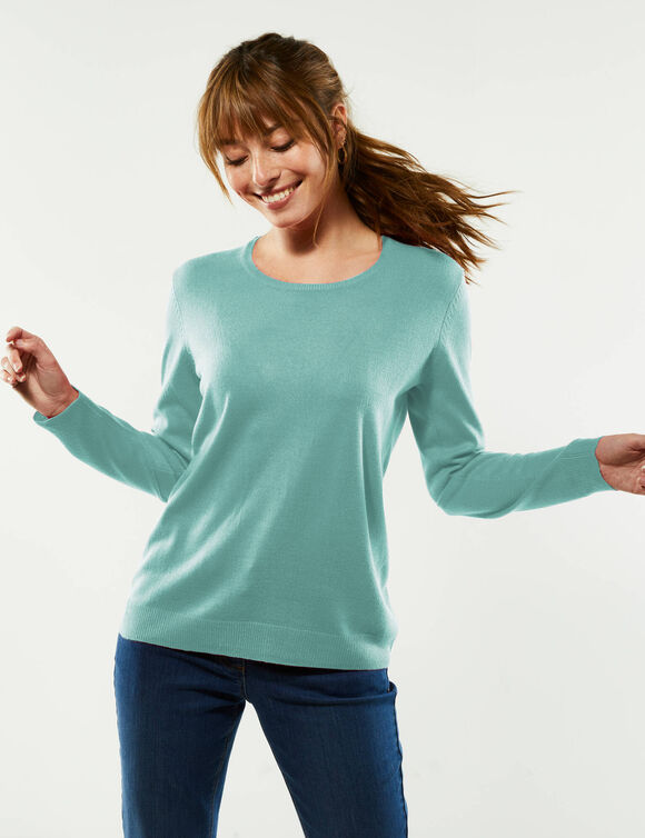 Pull col rond uni, manches longues, toucher doux (vert d'eau)