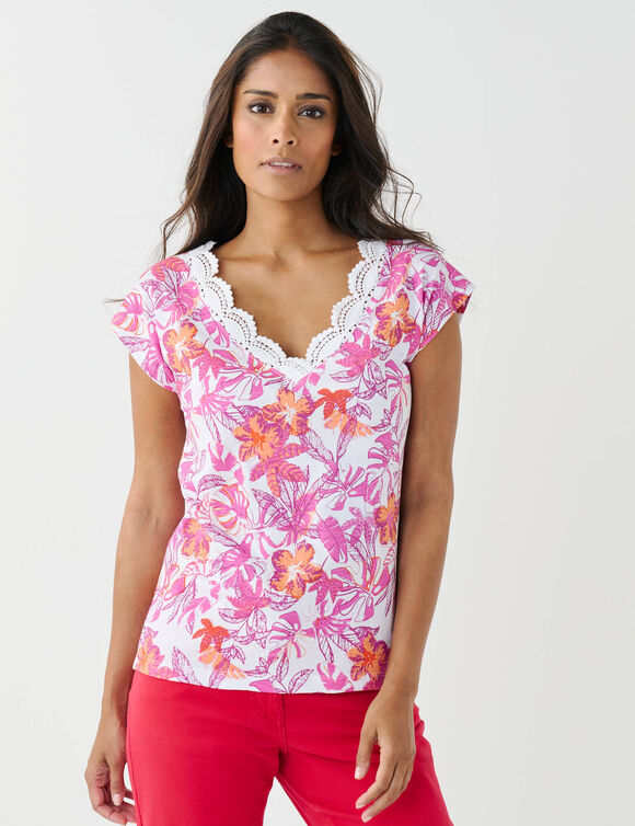 T-shirt imprim&eacute;, col V macram&eacute; (blanc / rose)