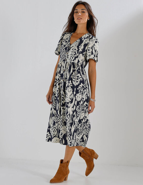 Robe boutonn&eacute;e imprim&eacute;e, manches courtes  (indigo / ecru)