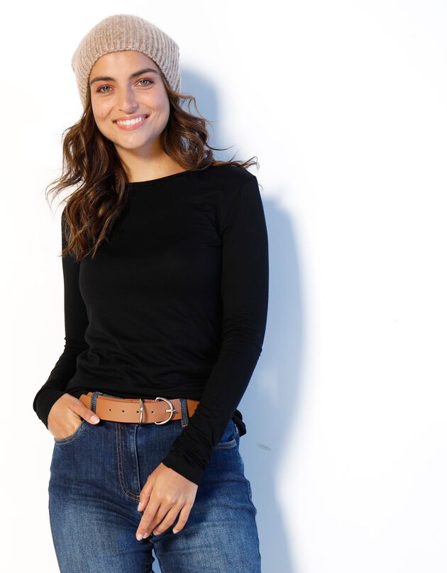 T-shirt uni col rond viscose stretch (noir)