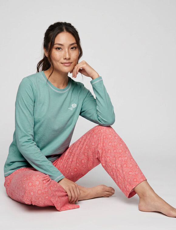 Pantalon pyjama fleuri &laquo;charme botanique&raquo; (corail / &eacute;cru)