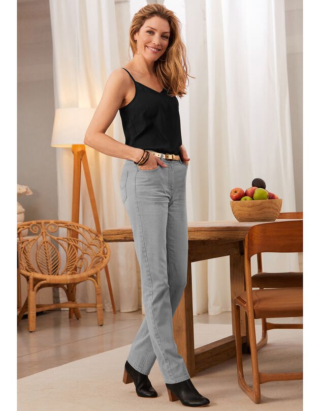 Jeans, in stretchdenim, recht model met laserverwassing, grijs, hi-res