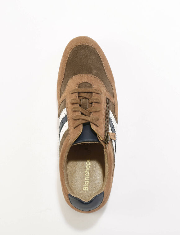 Leren sneakers in 2 materialen, met veters en rits (bruin)