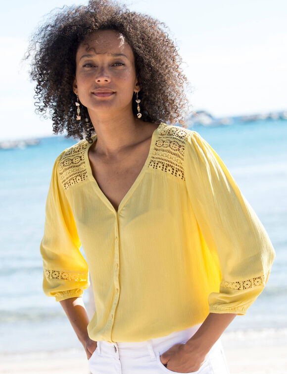 Chemisier col V boutonné, crépon fluide macramé (jaune)