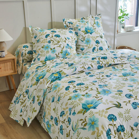 Linge de lit Lola imprimé fleuri - en coton (bleu / blanc)