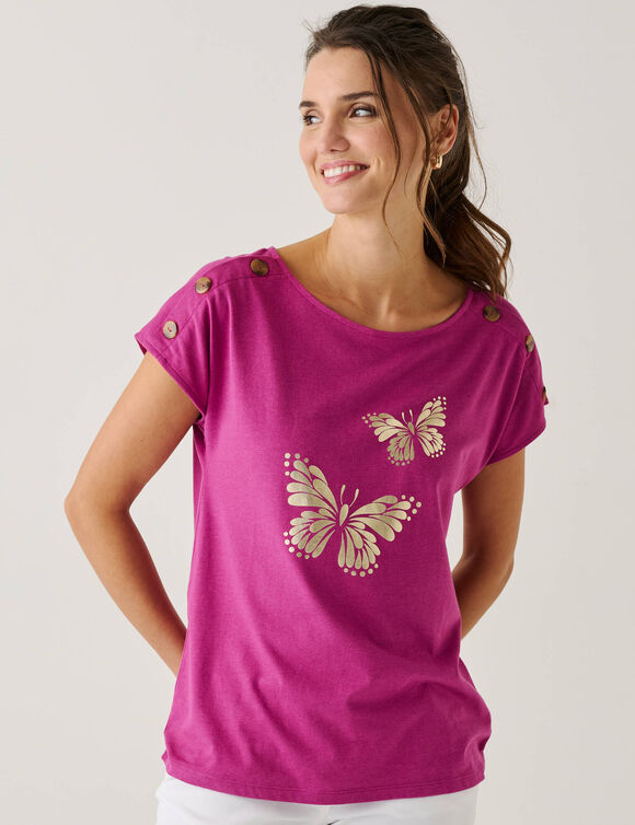 T-shirt col rond imprim&eacute; papillon dor&eacute; (prune)