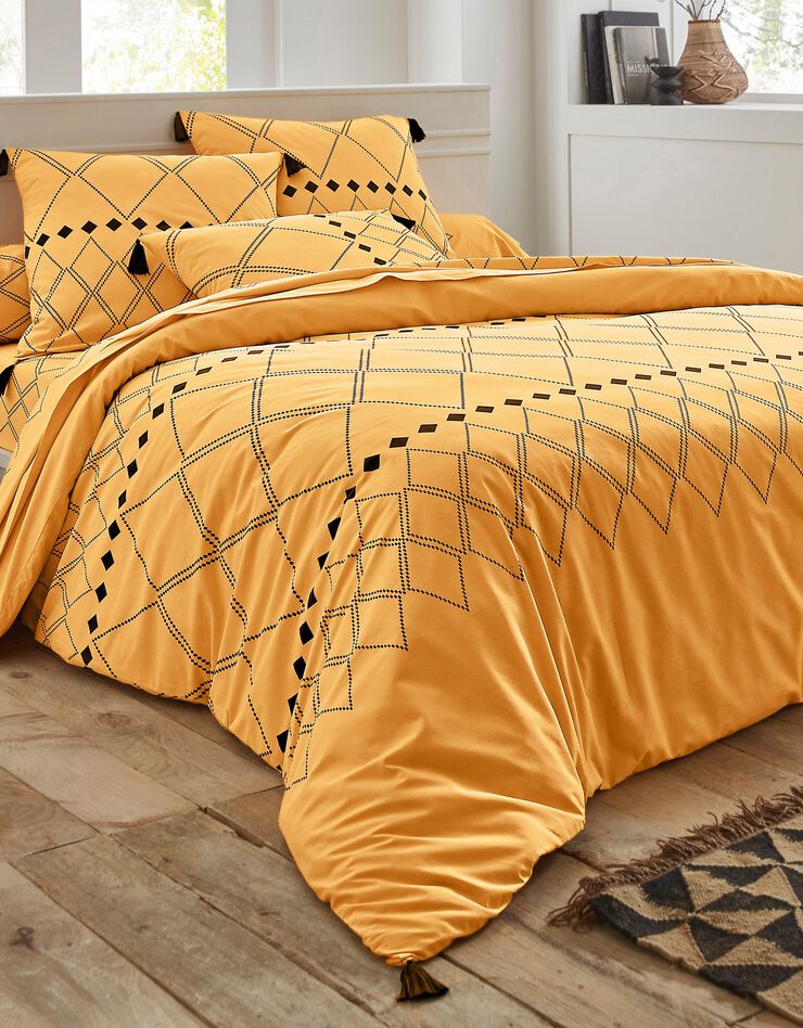 Linge de lit Massai coton à motifs graphiques et finitions pompons (curry)