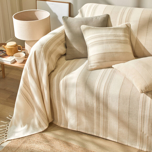 Plaid jet&eacute; multicolore coton tissage artisanal (sable)