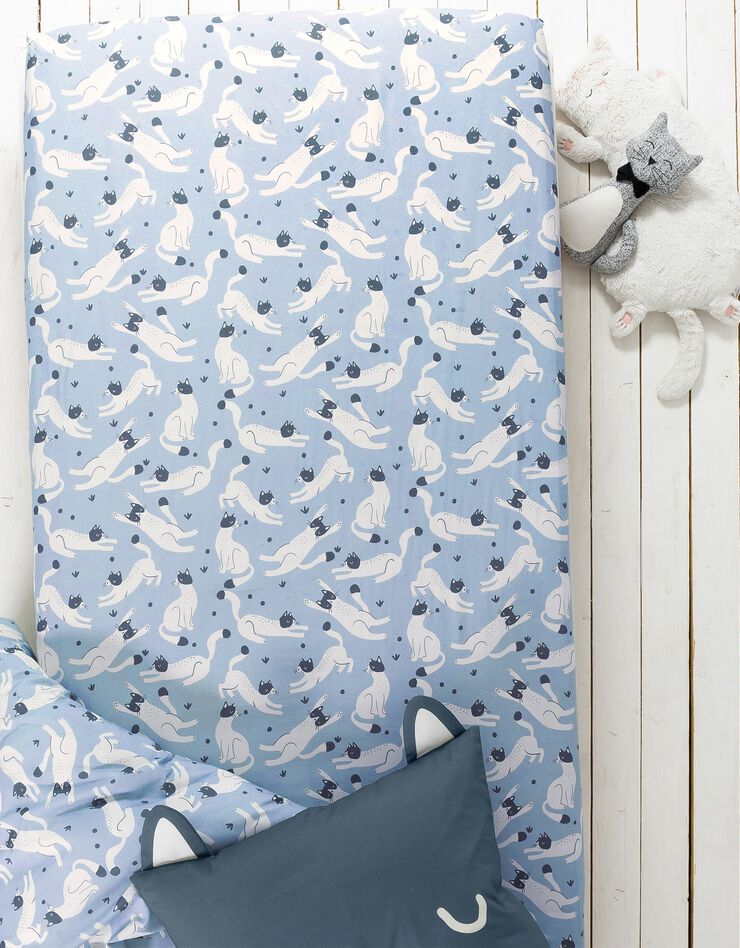 Linge de lit enfant imprimé chats Miaou 1 personne - coton biologique, bleu, hi-res image number 2