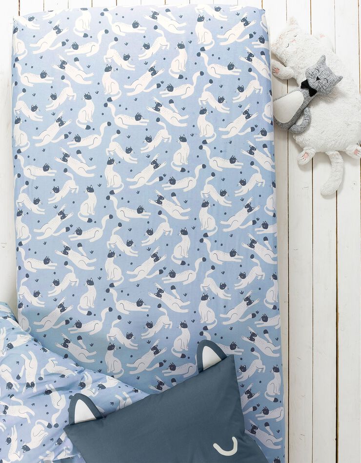 Linge de lit enfant imprimé chats Miaou 1 personne - coton biologique, bleu Linge de lit enfant imprimé chats Miaou 1 personne - coton biologique, bleu, hi-res image number 2