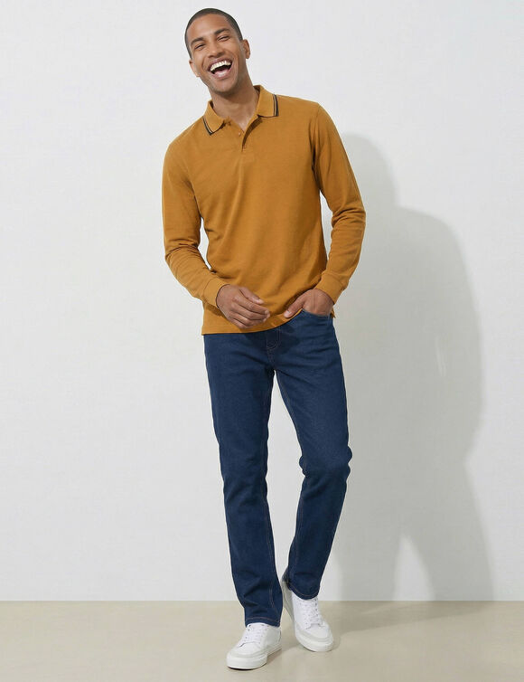 Polo uni maille piqu&eacute;e manches longues (miel)