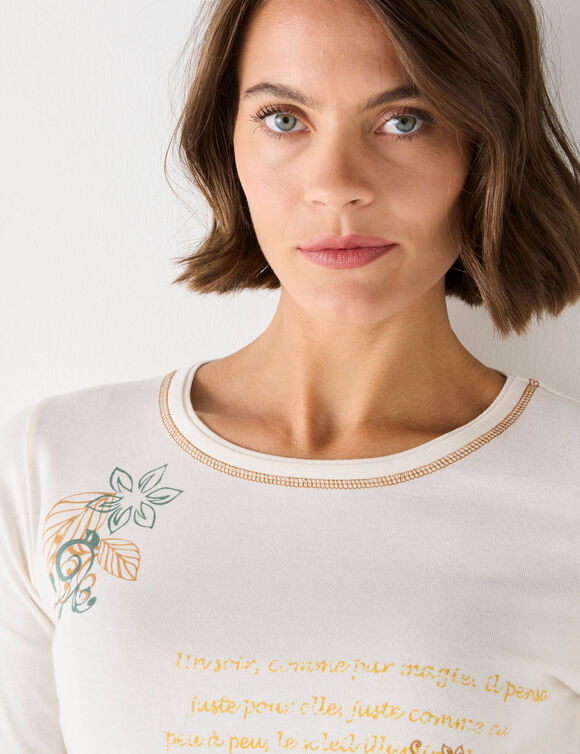 T shirt manches longues imprim&eacute; fleuri (&eacute;cru / noisette)