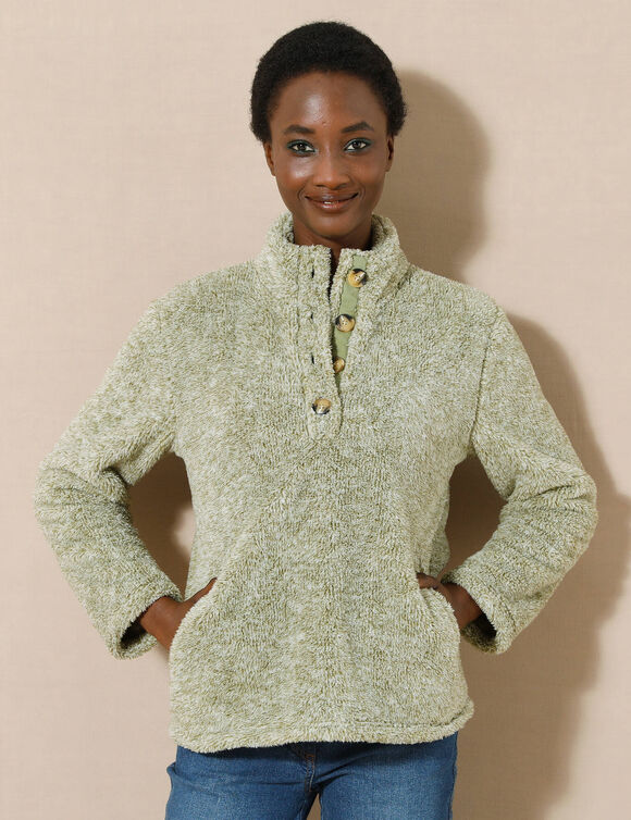 Sweat maille peluche, col boutonné (vert chiné)