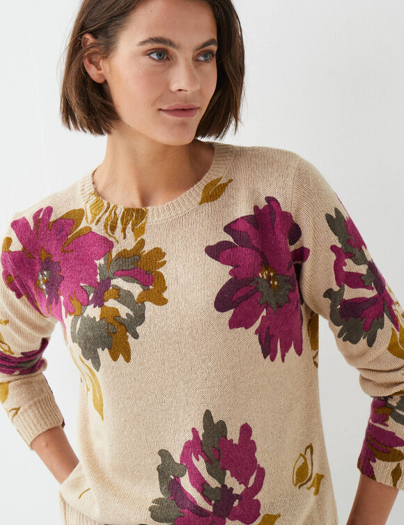 Pull imprim&eacute; fleurs (beige / prune)