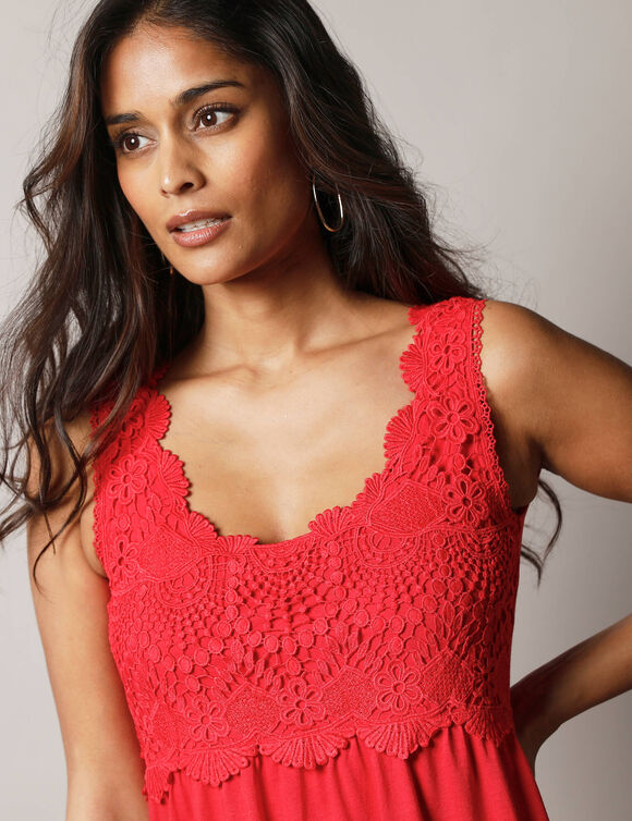 D&eacute;bardeur col rond macram&eacute; (rouge)