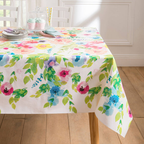 Tafellaken in toile cir&eacute;e met bloemenprint (wit)