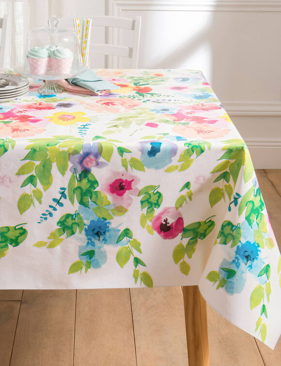 Tafellaken in toile cir&eacute;e met bloemenprint (wit)
