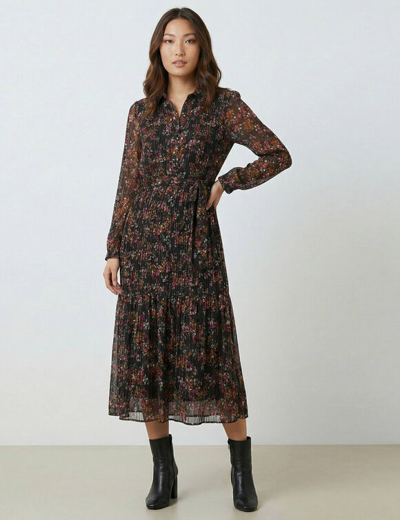 Robe-chemisier longue en voile jacquard imprim&eacute; floral (noir / violine)