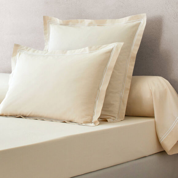Linge de lit uni double bourdon - percale de coton 80 fils/cm&sup2; (sable / blanc)