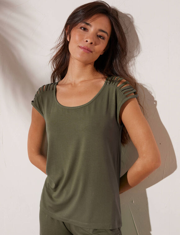 T-shirt maille unie, la&ccedil;age &eacute;paules (vert olive)
