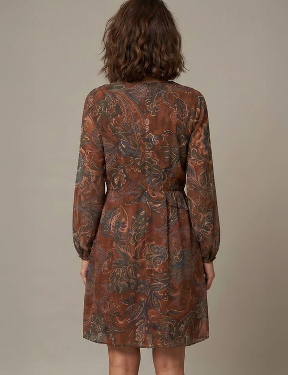 Robe courte manches 3/4, col V volant&eacute;, voile imprim&eacute; fleurs indiennes (chocolat / vert)