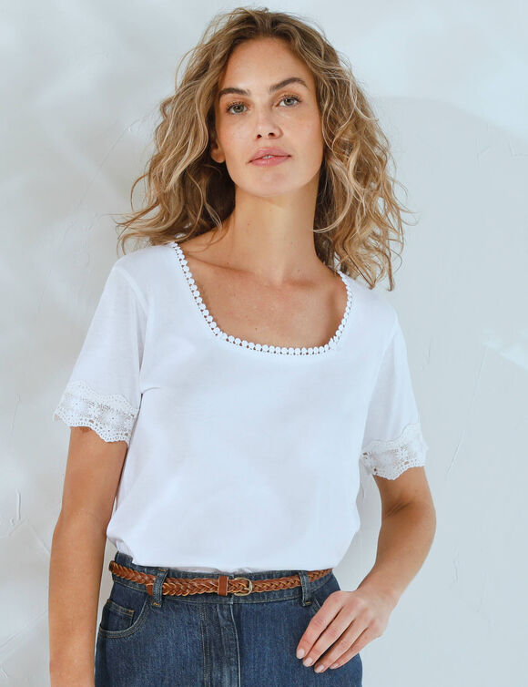 T-shirt col carré galon fantaisie (blanc)