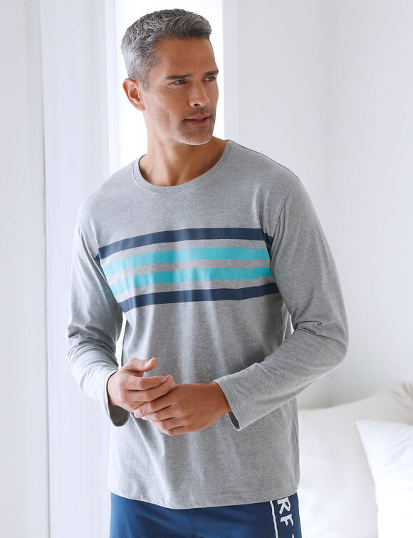 Pyjamashirt met lange mouwen en strepenprint (grijs / aqua)