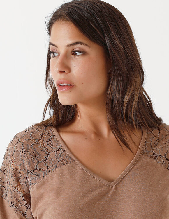 T-shirt col V manches longues dentelle (noisette chiné)