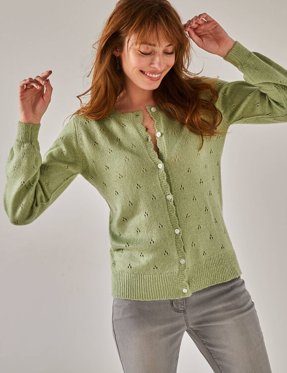 Gilet boutonné finition écailles, maille pointelle toucher doux (vert d'eau)