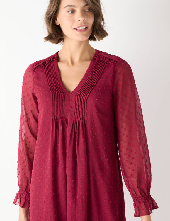 Robe unie à plis, voile plumetis (bordeaux)