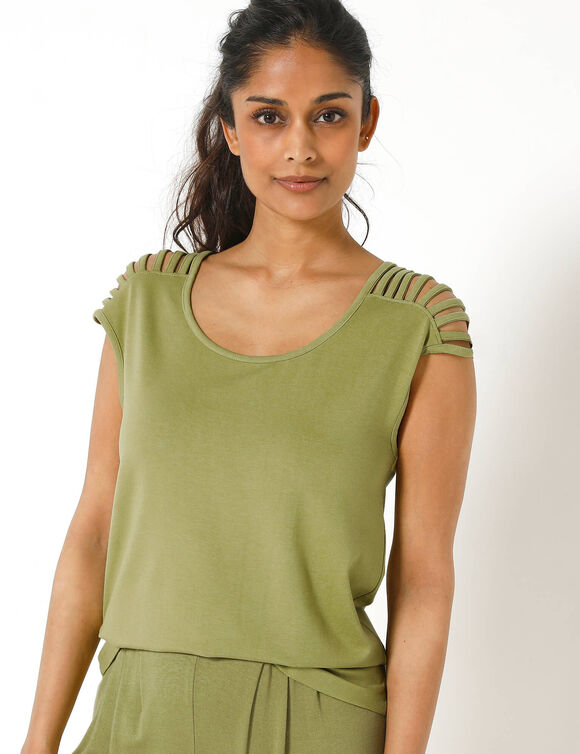 T-shirt maille unie, la&ccedil;age &eacute;paules (vert mousse)