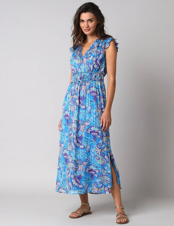 Robe manches courtes d&eacute;tails volant&eacute;s, voile jacquard imprim&eacute; (bleu)