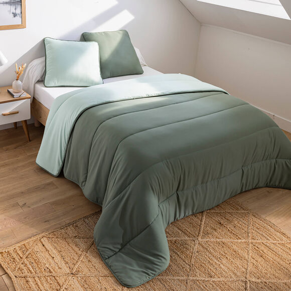 Tweekleurig dekbed in microvezel 500 g/m2 (eucalyptus / amandelgroen)