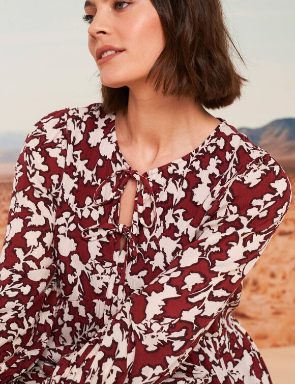 Robe courte imprimée, détails nouettes (bordeaux / beige)
