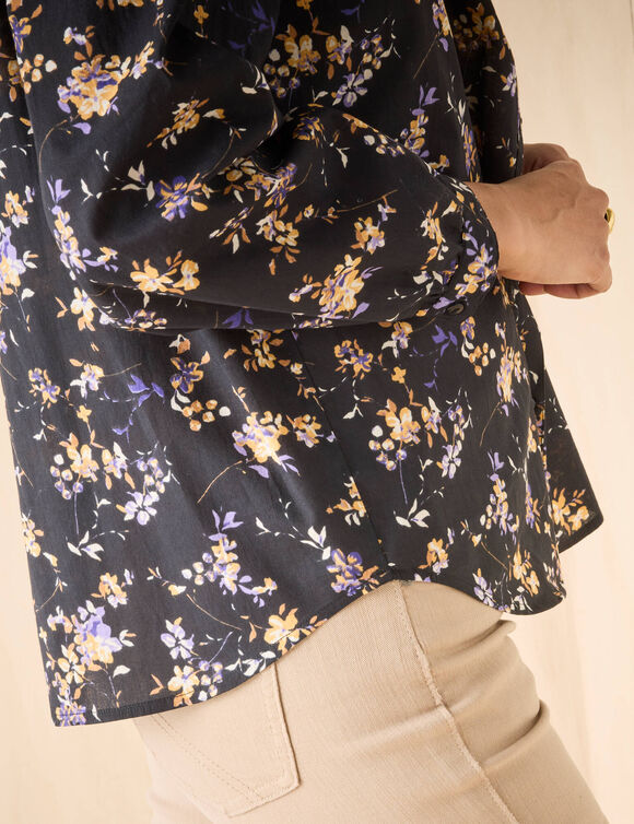 Chemisier boutonné col rond, imprimé fleuri (noir / miel)