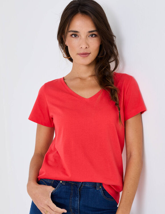 T-shirt col V uni manches courtes, coton (coquelicot)