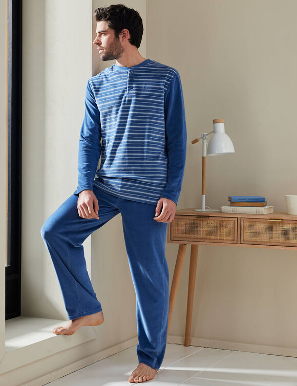 Pyjama pantalon ray&eacute; velours manches longues (bleu)