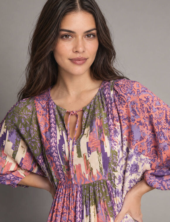 Robe longue imprim&eacute;e, cr&eacute;pon (prune / kaki)