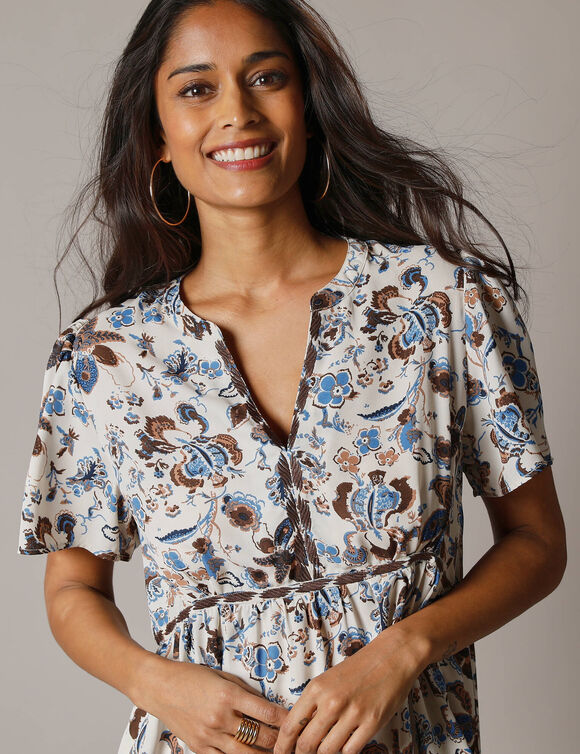 Tunique col tunisien brod&eacute;, imprim&eacute; fleuri (&eacute;cru / chocolat)