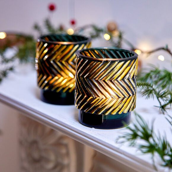 Lot de 2 photophores en verre (&eacute;meraude/dor&eacute;)