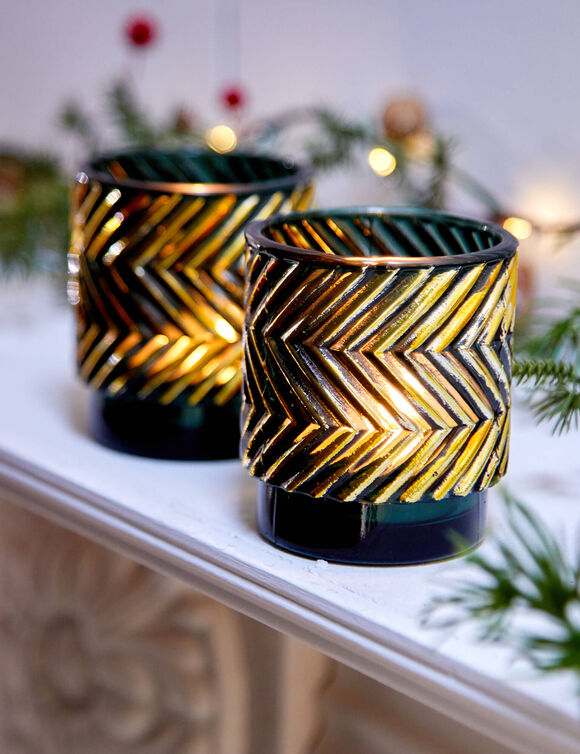 Lot de 2 photophores en verre (&eacute;meraude/dor&eacute;)