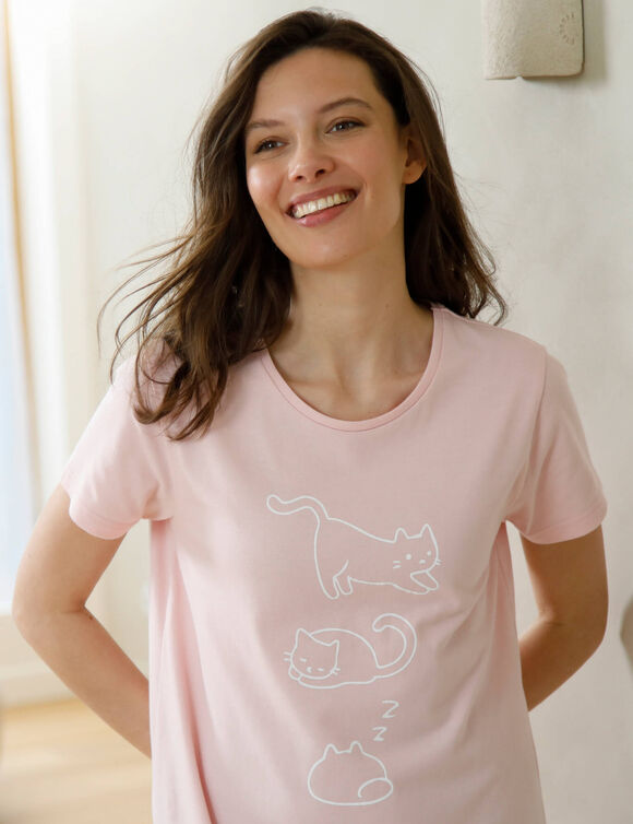 Lange nachthemd met korte mouwen, met kattenprint &ndash; set van 2 (pruim + roze)