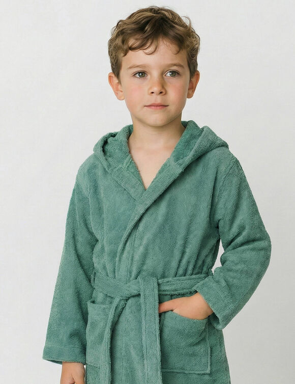 Kinderbadjas met capuchon - lusjesbadstof 340 g/m&sup2; (eucalyptus)