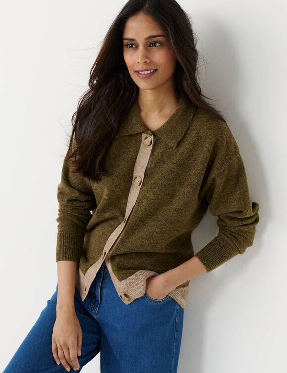 Gilet veste boutonn&eacute; bicolore, polyester recycl&eacute;** (vert olive / gr&egrave;ge chin&eacute;)